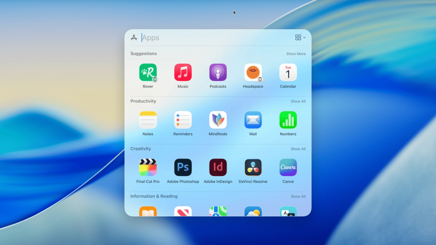 หน้าจอ Spotlight ใน macOS Tahoe 26 แสดงผลการค้นหาไฟล์ แอป และการดำเนินการต่าง ๆ