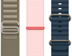  สายแบบ Alpine Loop สีเขียวมะกอก, สายแบบ Sport Loop สีชมพูสว่าง และสายแบบ Ocean Band สีน้ำเงิน