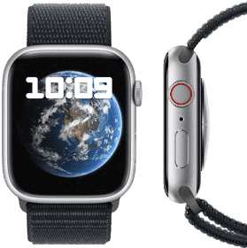 มุมมองด้านหน้าและด้านข้างของ Apple Watch ใหม่ ที่มีความเป็นกลางทางคาร์บอน