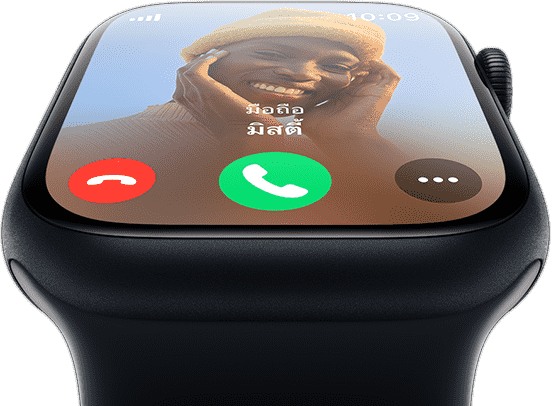 มุมมองด้านหน้าของ Apple Watch พร้อมหน้าจอที่มีสายเรียกเข้า