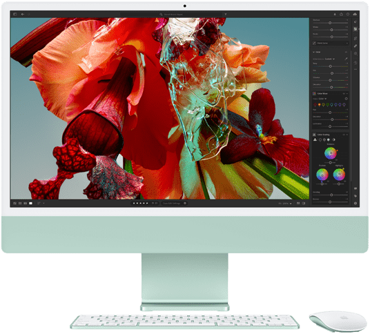 หน้าจอของ iMac แสดงรูปภาพดอกไม้สีสันสดใสใน Adobe Lightroom เพื่อแสดงให้เห็นถึงขอบเขตสีและความละเอียดของจอภาพ Retina 4.5K