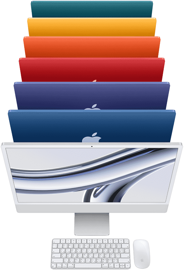 มุมมองด้านข้างของคอมพิวเตอร์ iMac วางเรียงกันโดยหันหน้าจอไปทางขวา ตัวเครื่องมีสีเขียว สีเหลือง สีส้ม สีชมพู สีม่วง สีฟ้า และสีเงิน
