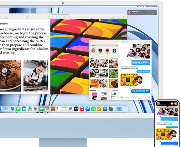iMac ที่อยู่ถัดจาก iPhone กำลังแสดงคุณสมบัติความต่อเนื่องโดยการแชร์ข้อความสนทนาและรูปภาพระหว่าง iPhone และ iMac
