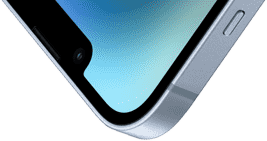 มุมบนซ้ายของ iPhone 14 ที่มีด้านหน้าแบบ Ceramic Shield