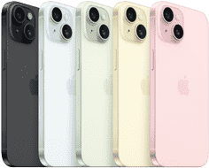 มุมมองด้านหลังของ iPhone 15 แสดงระบบกล้องสุดล้ำและกระจกแต่งสีในทุกสี ได้แก่ สีดำ สีฟ้า สีเขียว สีเหลือง และสีชมพู 