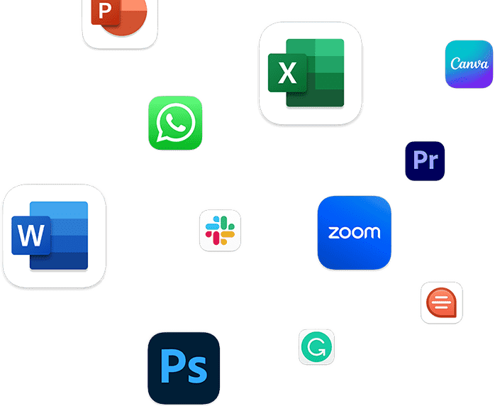 แสดงภาพการใช้งานร่วมกับแอปต่างๆ เช่น Microsoft PowerPoint, WhatsApp Desktop, Microsoft Excel, Canva: Design, Photo, & Video, Adobe Premiere Pro, Microsoft Word, Slack for Desktop, Zoom, Adobe Photoshop, Grammarly: Writing App และ Quip