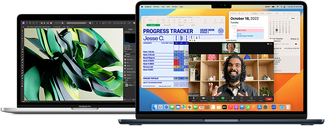 แสดงภาพ MacBook Pro รุ่น 13 นิ้ว สีเงิน และ MacBook Air พร้อมชิป M2 สีมิดไนท์ ซึ่งกำลังใช้แอป Zoom, ปฏิทิน, Numbers และ Affinity Photo 2