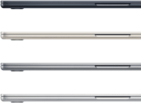 แล็ปท็อป MacBook Air จำนวน 4 เครื่อง แสดงให้เห็นถึงสีที่มีให้เลือก ได้แก่ สีมิดไนท์ สีสตาร์ไลท์ สีเทาสเปซเกรย์ และสีเงิน
