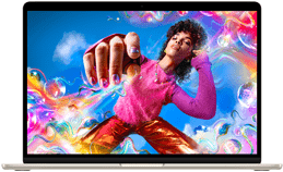 หน้าจอของ MacBook Air แสดงรูปภาพสีสันสดใสเพื่อแสดงให้เห็นถึงขอบเขตสีและความละเอียดของจอภาพ Liquid Retina