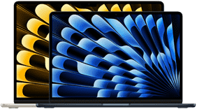 มุมมองด้านหน้าของ MacBook Air รุ่น 13 นิ้ว และ 15 นิ้ว ซึ่งแสดงให้เห็นถึงขนาดจอภาพ (วัดในแนวทแยง)