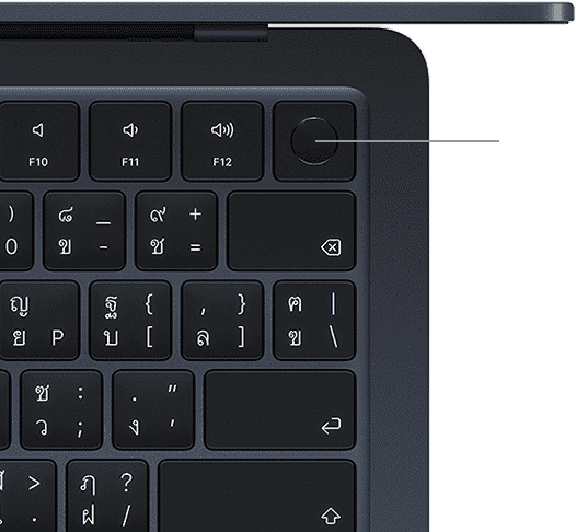 มุมมองด้านบนของคีย์บอร์ดของ MacBook Air พร้อม Touch ID