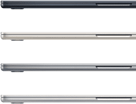 แล็ปท็อป MacBook Air จำนวน 4 เครื่องที่พับปิดอยู่ แสดงให้เห็นถึงสีที่มีให้เลือก ได้แก่ สีมิดไนท์ สีสตาร์ไลท์ สีเทาสเปซเกรย์ และสีเงิน