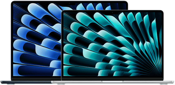 มุมมองด้านหน้าของ MacBook Air รุ่น 13 นิ้ว และ 15 นิ้ว ซึ่งแสดงให้เห็นถึงขนาดจอภาพ (วัดในแนวทแยง)