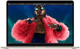 หน้าจอของ MacBook Air แสดงรูปภาพสีสันสดใสเพื่อแสดงให้เห็นถึงขอบเขตสีและความละเอียดของจอภาพ Liquid Retina