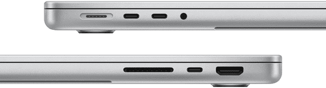 มุมมองด้านข้างของ MacBook Pro รุ่น 14 นิ้ว พร้อมชิป M3 Pro ที่แสดงพอร์ตต่างๆ โดยมีพอร์ต MagSafe, พอร์ต Thunderbolt 4 จำนวน 2 พอร์ต และช่องต่อหูฟังอยู่ทางด้านซ้าย และมีช่องเสียบการ์ด SDXC, พอร์ต Thunderbolt 4 จำนวน 1 พอร์ต และพอร์ต HDMI อยู่ทางด้านขวา