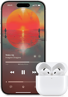 iPhone วางอยู่ข้าง AirPods Pro ที่อยู่ในเคสชาร์จ, เคสเปิดอยู่