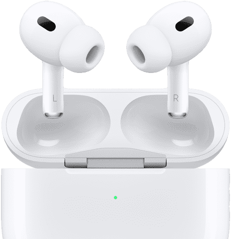 มุมมองด้านหน้าของ AirPods Pro แสดงอยู่ด้านนอกเคส