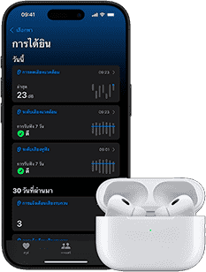 AirPods Pro ในเคสชาร์จที่วางอยู่ข้าง iPhone ที่แสดงหน้าจอสุขภาพการได้ยิน