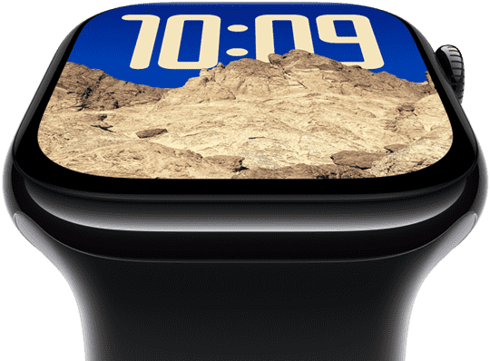 หน้าจอของ Apple Watch Series 10 เอนไปด้านหลังเพื่อเน้นให้เห็นพื้นที่หน้าจอที่ใหญ่ขึ้น