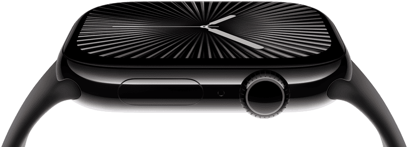 หน้าจอและ Digital Crown ของ Apple Watch Series 10 ที่มองเห็นจากด้านข้าง นาฬิกาเอียงด้านข้างเพื่อแสดงพื้นที่หน้าจอมากขึ้น