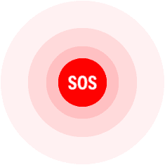วงกลมสีแดงที่มีคำว่า SOS แสดงถึงความสามารถ SOS ฉุกเฉิน