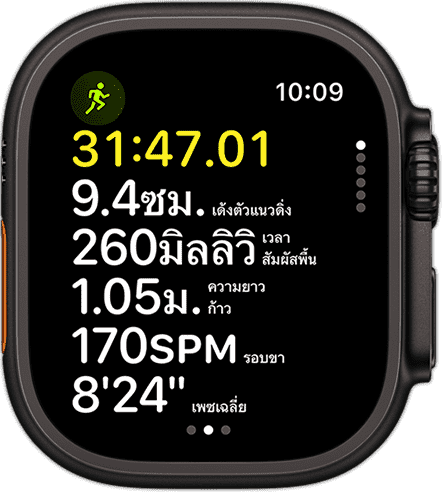 ตัวชี้วัดฟอร์มการวิ่งแสดงเพซและระยะทางของบุคคลหนึ่ง