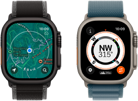 อุปกรณ์ Apple Watch Ultra 3 สองเรือน, เรือนหนึ่งแสดงแผนที่ และอีกเรือนแสดงคุณสมบัติการติดตามการเดิน ซึ่งประกอบด้วย เข็มทิศ ระดับความสูง และจุดอ้างอิงที่บันทึกไว้