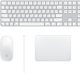 มุมมองด้านบนของอุปกรณ์เสริม Magic Mouse, สาย USB-C, Magic Trackpad และ Magic Keyboard พร้อมปุ่มตัวเลข