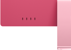 แสดงพอร์ตด้านหลังของ iMac สีชมพู ซึ่งประกอบด้วยพอร์ต Thunderbolt จำนวน 4 พอร์ต, Wi-Fi 6E และคุณสมบัติ Bluetooth