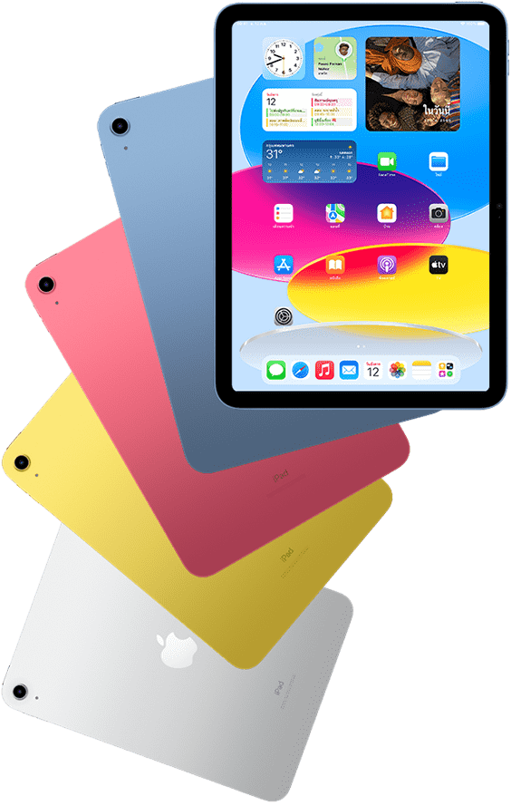 มุมมองด้านหน้าของ iPad ที่แสดงหน้าจอโฮมโดยมี iPad สีฟ้า สีชมพู สีเหลือง และสีเงินที่แสดงตัวเครื่องด้านหลังวางซ้อนอยู่ด้านหลัง