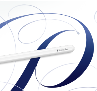 Apple Pencil Pro, สีขาว, แสดงอยู่บนพื้นหลังสีขาวที่มีลายหมุนวนสีฟ้า