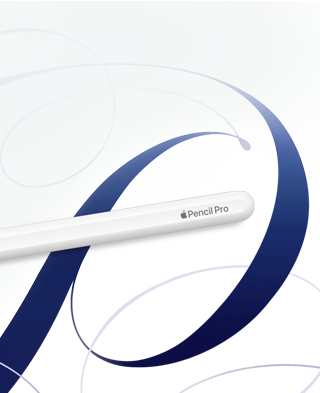 Apple Pencil Pro, สีขาว, แสดงอยู่บนพื้นหลังสีขาวที่มีลายหมุนวนสีฟ้า