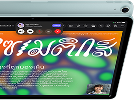 iPad Air, สีฟ้า, ภายนอกด้านบน, หน้าจอแสดงแอป Keynote อยู่ในคุณสมบัติการแชร์หน้าจอระหว่างวิดีโอคอล FaceTime, ภายนอกด้านหลัง, กล้องหลังไวด์ 12MP, ปุ่มเพิ่มระดับเสียง, ปุ่มลดระดับเสียง