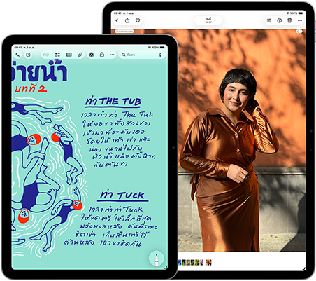 iPad Air สองเครื่อง, ขนาด 11 นิ้ว และ 13 นิ้ว, รุ่น 11 นิ้ว แสดงข้อความสีสันสดใสในแอปโน้ต, รุ่น 13 นิ้ว บนหน้าจอแสดงภาพถ่ายของบุคคลในแอปรูปภาพ