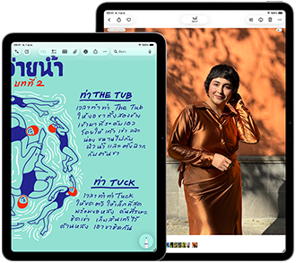 iPad Air สองเครื่อง, ขนาด 11 นิ้ว และ 13 นิ้ว, รุ่น 11 นิ้ว แสดงข้อความสีสันสดใสในแอปโน้ต, รุ่น 13 นิ้ว บนหน้าจอแสดงภาพถ่ายของบุคคลในแอปรูปภาพ