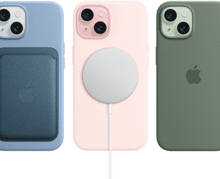 iPhone 15 แสดงเคสซิลิโคนสำหรับ iPhone 15 พร้อม MagSafe, เคสผ้า FineWoven แบบกระเป๋าสตางค์พร้อม MagSafe, ที่ชาร์จ MagSafe, แบตเตอรี่แพ็ค MagSafe
