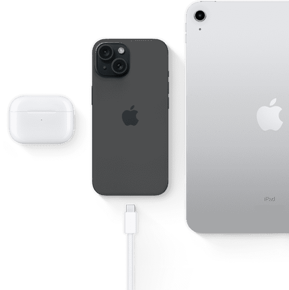iPhone 15 พร้อมช่องต่อ USB-C แสดงให้เห็นว่าสามารถใช้หัวต่อสายชาร์จเดียวกันกับ AirPods Pro และ iPad ได้