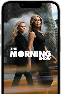 หน้าจอด้านหน้าของ iPhone 17e แสดงซีรีส์ Apple TV+ เรื่อง The Morning Show