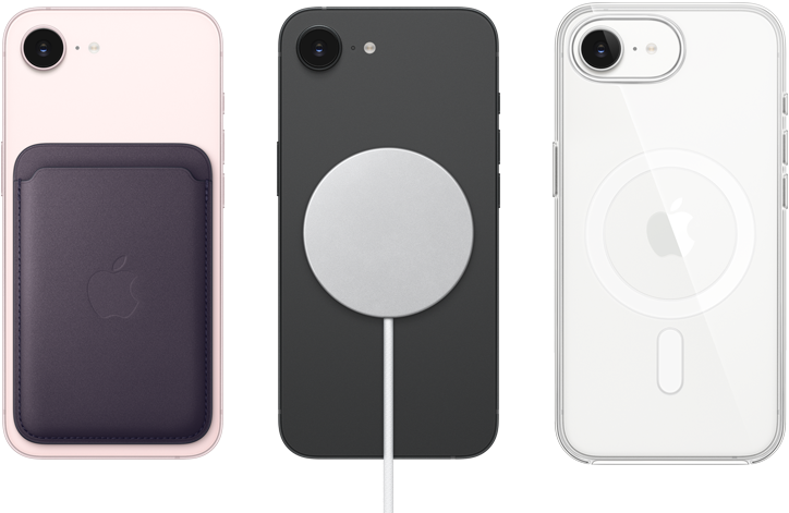 iPhone 17e, ภายนอกด้านหลัง, สีชมพูอ่อน, มีเคสผ้า FineWoven แบบกระเป๋าสตางค์พร้อม MagSafe ติดอยู่, iPhone 17e, ภายนอกด้านหลัง, สีดำ, มีที่ชาร์จ MagSafe ติดอยู่, iPhone 17e, ภายนอกด้านหลัง, สีขาว, มีเคสใสพร้อม MagSafe ติดอยู่