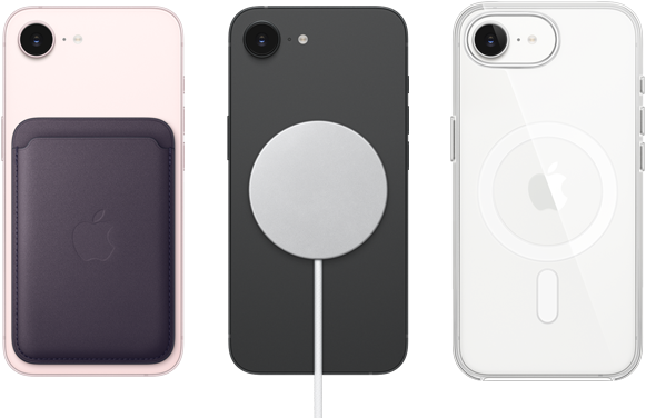 iPhone 17e, ภายนอกด้านหลัง, สีชมพูอ่อน, มีเคสผ้า FineWoven แบบกระเป๋าสตางค์พร้อม MagSafe ติดอยู่, iPhone 17e, ภายนอกด้านหลัง, สีดำ, มีที่ชาร์จ MagSafe ติดอยู่, iPhone 17e, ภายนอกด้านหลัง, สีขาว, มีเคสใสพร้อม MagSafe ติดอยู่