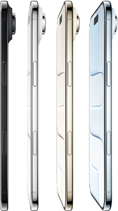 iPhone Air, ภายนอกด้านข้าง, สีสันทั้งหมด 4 สี, สกายบลู, ทองอ่อน, ขาวปุยเมฆ, ดำสเปซแบล็ค, รูปทรงที่บางมาก, ระบบกล้อง Fusion, ปุ่ม: ด้านข้าง, ตัวควบคุมกล้อง