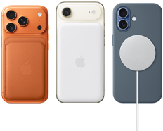iPhone 17 Pro, ภายนอกด้านหลัง, สีส้มคอสมิค, ใส่อยู่กับเคสซิลิโคนสีน้ำตาลเซียนนาและเคสผ้า FineWoven แบบกระเป๋าสตางค์สีส้มจิ้งจอกพร้อม MagSafe, iPhone Air, ภายนอกด้านหลัง, สีขาวปุยเมฆ, พร้อมแบตเตอรี่ MagSafe, iPhone 17, ภายนอกด้านหลัง, สีฟ้าหมอก, ใส่อยู่กับเคสซิลิโคนสีน้ำเงินแองเคอร์บลูและที่ชาร์จ MagSafe