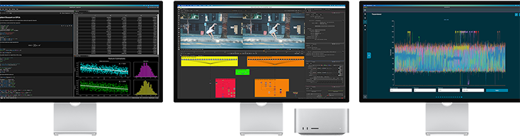 Mac Studio และ Studio Display จำนวน 3 จอ โดยในแต่ละหน้าจอเปิดแอป macOS ที่แตกต่างกัน