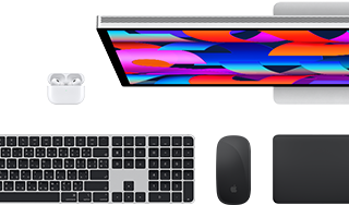 อุปกรณ์เสริมสำหรับ Mac: AirPods, Studio Display, สาย MagSafe และ Magic Keyboard พร้อม Touch ID, Magic Mouse และ Magic Trackpad