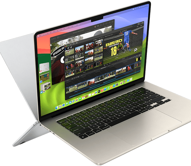 หน้าจอของ MacBook Air แสดงการตัดต่อวิดีโอเพื่อสาธิตความสามารถของชิป M3