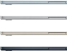 แล็ปท็อป MacBook Air จำนวน 4 เครื่อง แสดงให้เห็นถึงสีที่มีให้เลือก ได้แก่ สีสกายบลู สีเงิน สีสตาร์ไลท์ และสีมิดไนท์