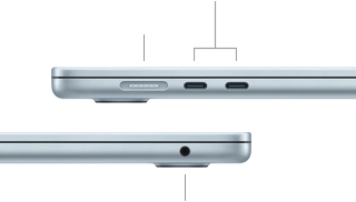 มุมมองด้านข้างของ MacBook Air ที่แสดงพอร์ตต่างๆ โดยมีพอร์ต MagSafe และพอร์ต Thunderbolt 4 จำนวน 2 พอร์ต อยู่ทางด้านซ้าย, ช่องต่อหูฟังอยู่ทางด้านขวา