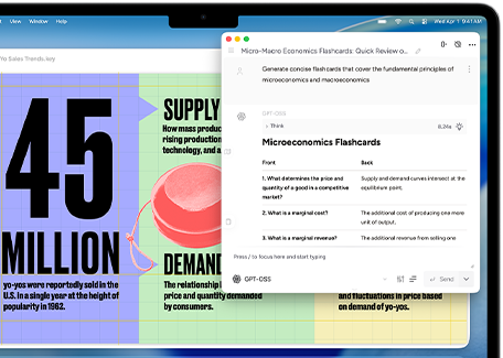 หน้าจอ MacBook Air แสดงเครื่องมือการเขียนของ Apple Intelligence ที่กำลังสร้างแฟลชการ์ดเกี่ยวกับเศรษฐศาสตร์จุลภาคและมหภาค