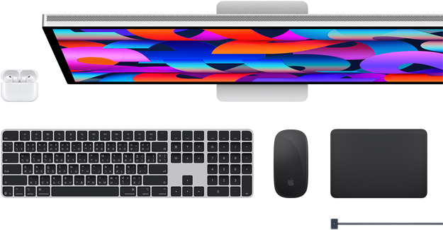 อุปกรณ์เสริมของ Mac ได้แก่ AirPods, Studio Display, Magic Keyboard, Magic Mouse, Magic Trackpad, สายชาร์จ MagSafe