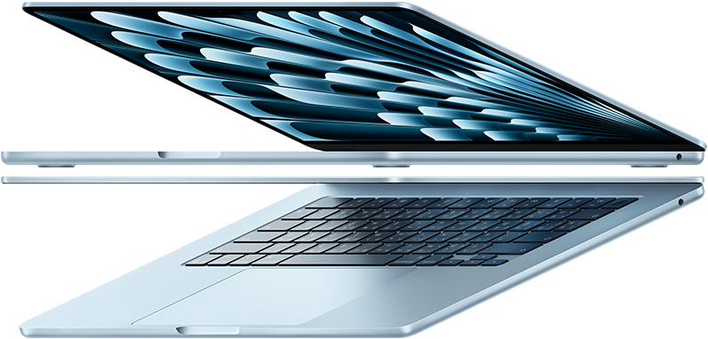 แล็ปท็อป MacBook Air สองเครื่องสีสกายบลูที่กางเปิดอยู่และเรียงเป็นรูปลูกศร เน้นให้เห็นรูปทรงที่เพรียวบาง